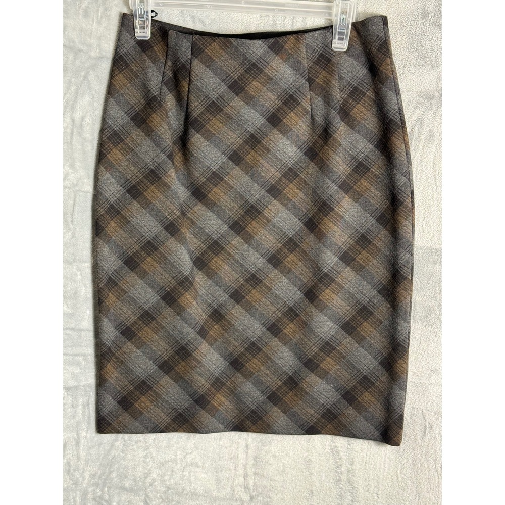 AMANDA + CHELSEA Plaid Pencil Skirt Brown Grey Women's Size 8 Knee Length Career